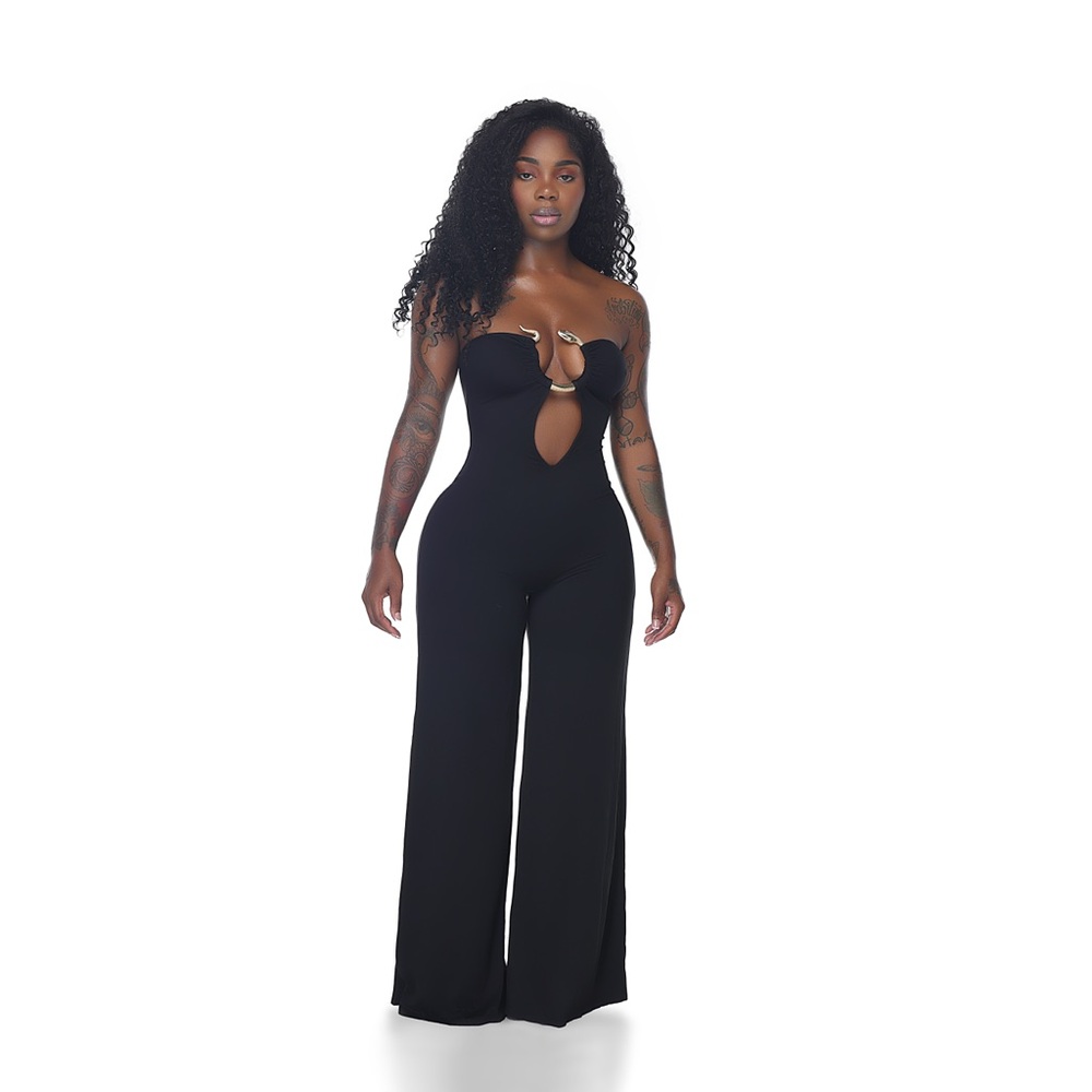 Strapless Cutout Wide-Leg Jumpsuit - Black